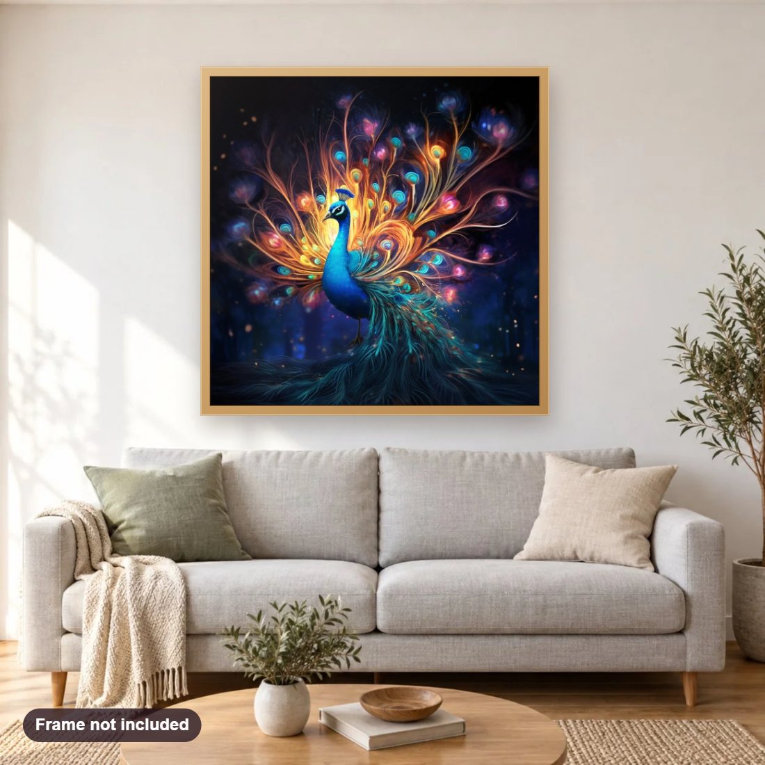 A Peacock with a Colorful Tail diamond painting shown framed on a living room wall above a sofa