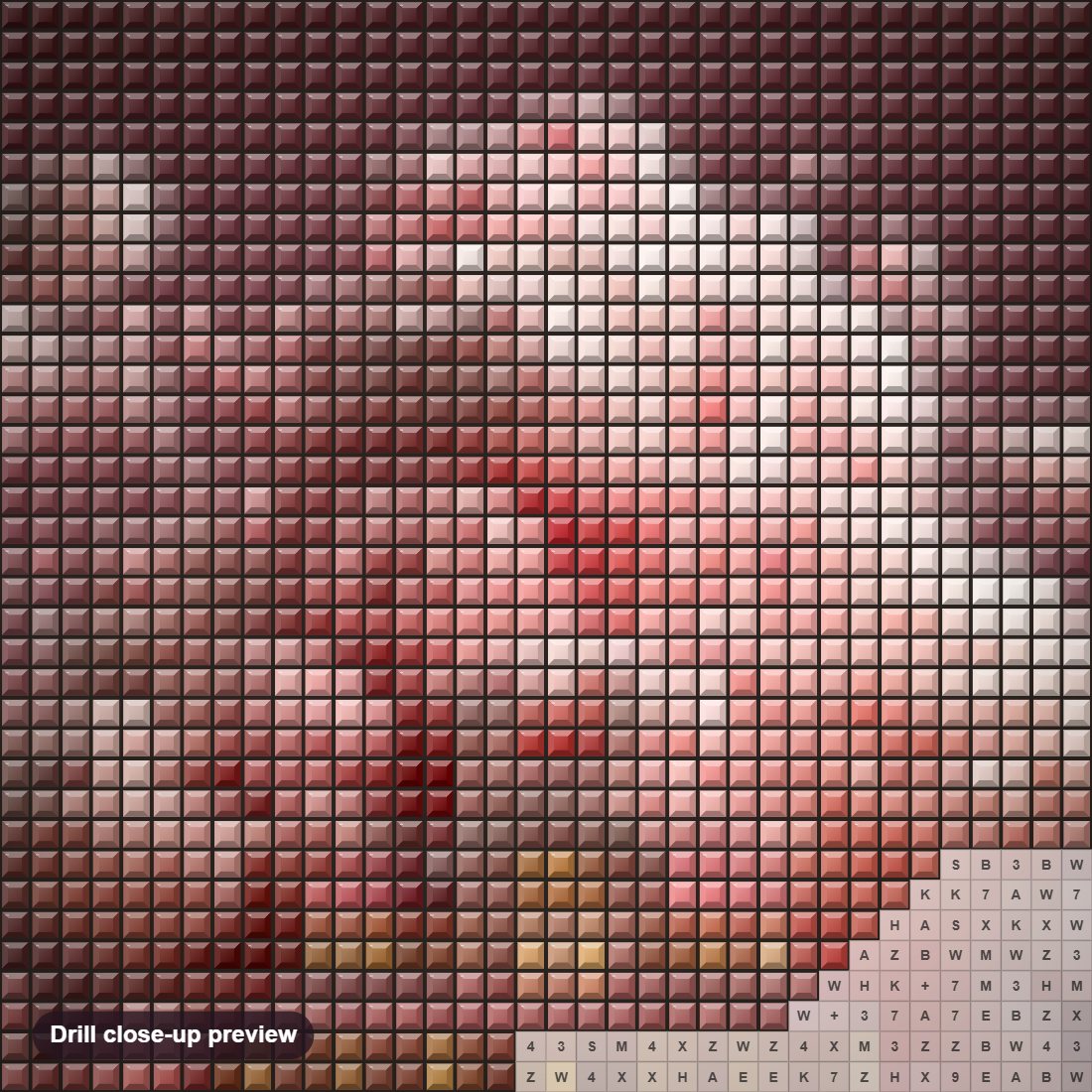 Close-up preview of the A Pink City diamond painting with square 5D drills and printed canvas symbols