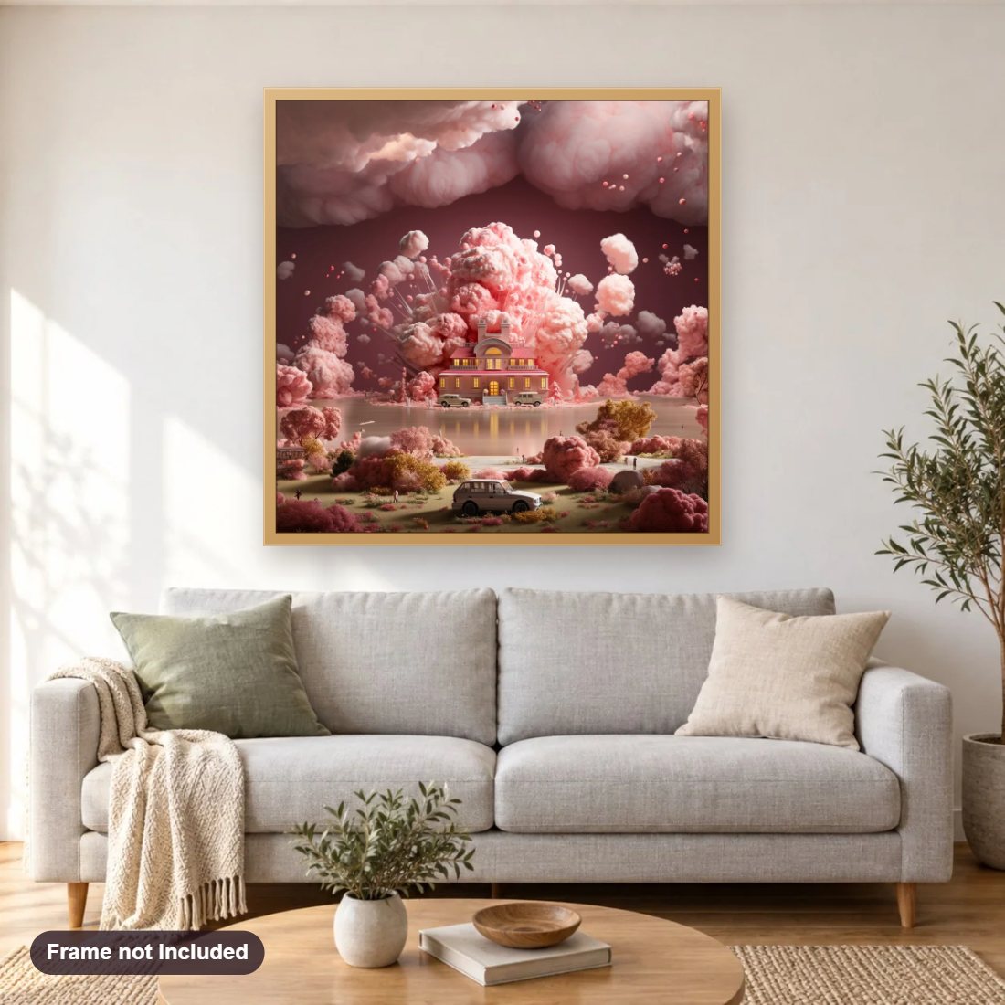 A Pink City diamond painting shown framed on a living room wall above a sofa