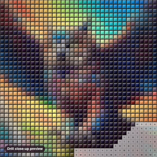 Close-up preview of the A Rainbow Owl in Mid Air diamond painting with square 5D drills and printed canvas symbols
