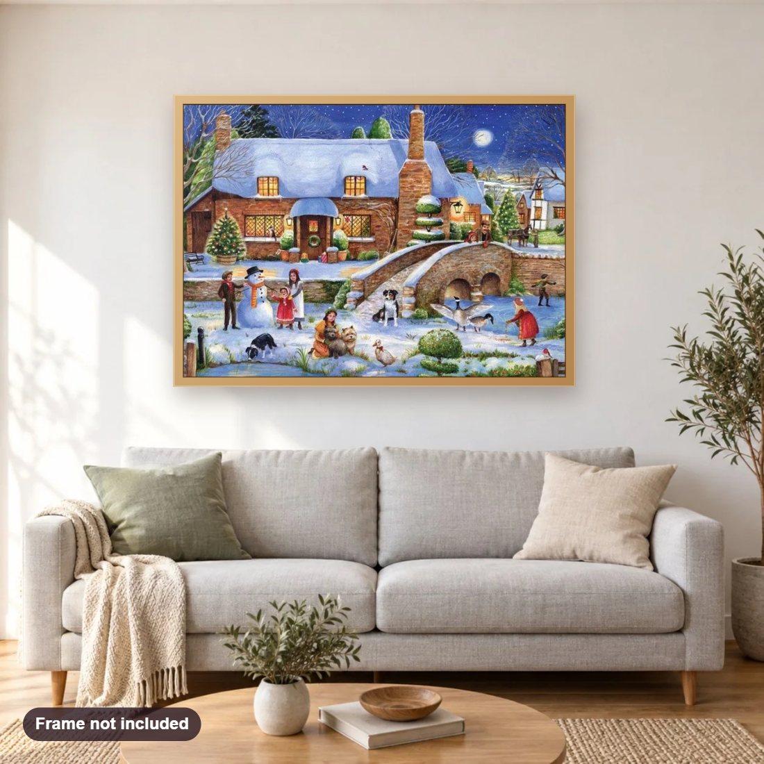A Season with a Precious Reason diamond painting shown framed on a living room wall above a sofa