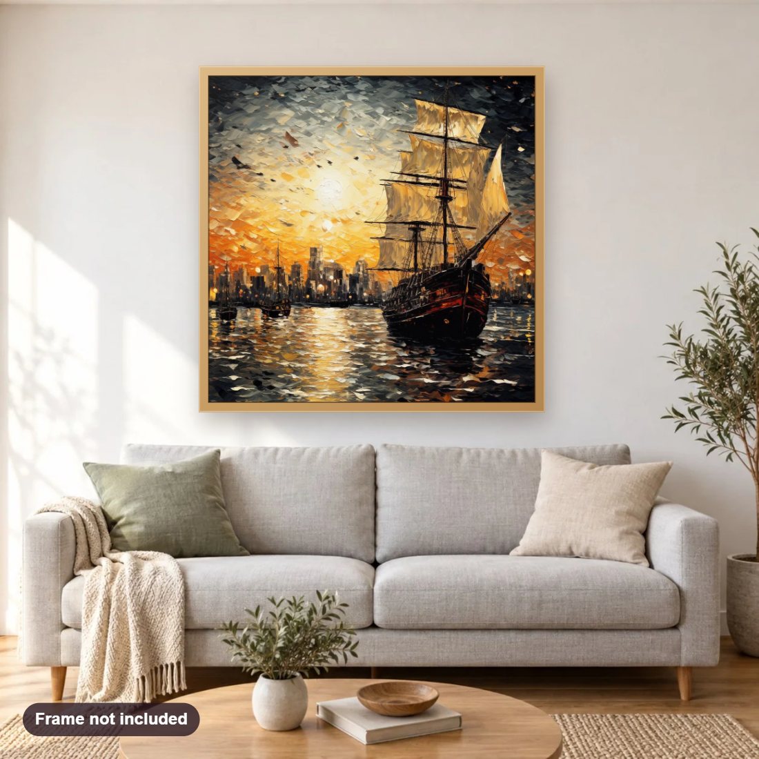 A Ship is Sailing diamond painting shown framed on a living room wall above a sofa