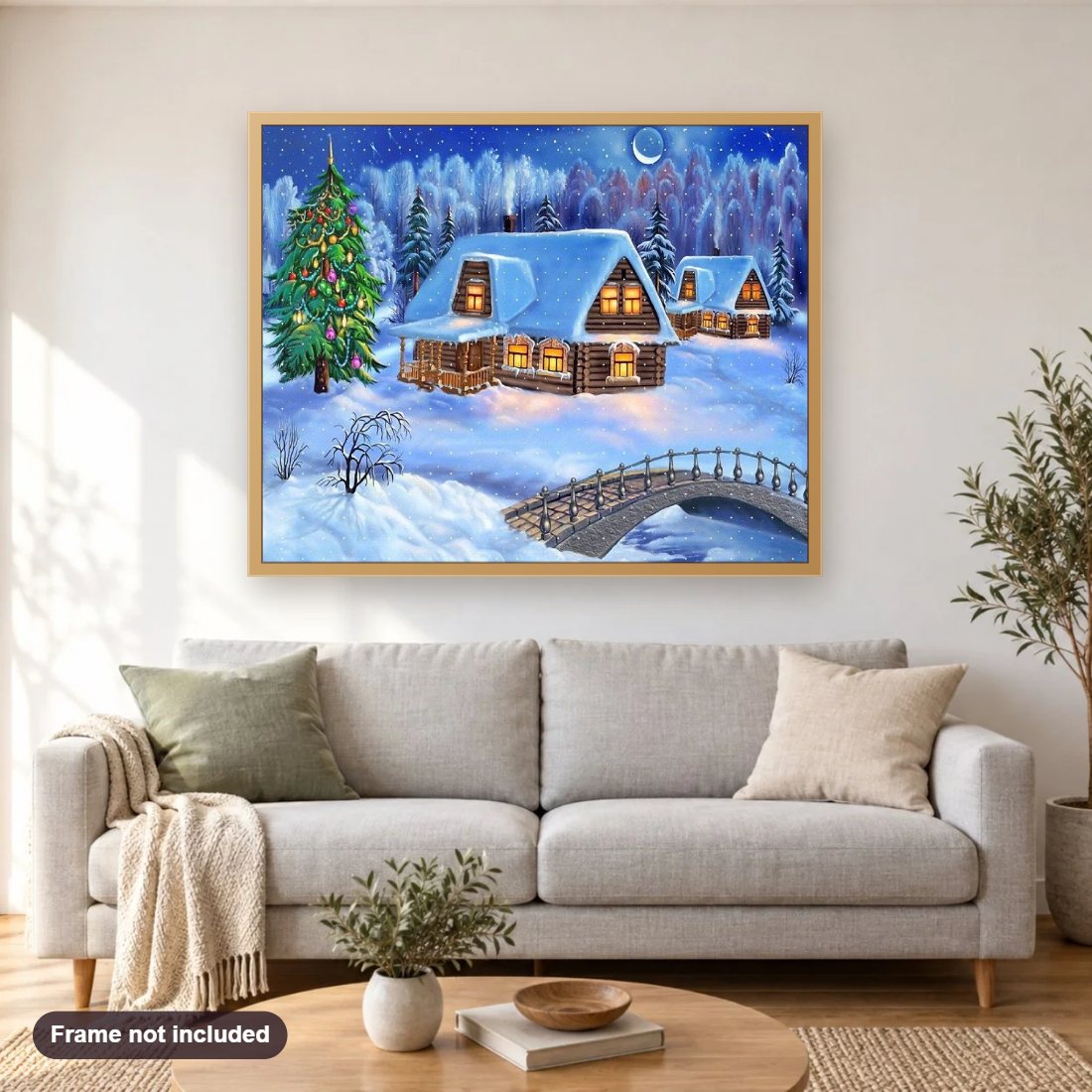 A Snowy White Christmas diamond painting shown framed on a living room wall above a sofa