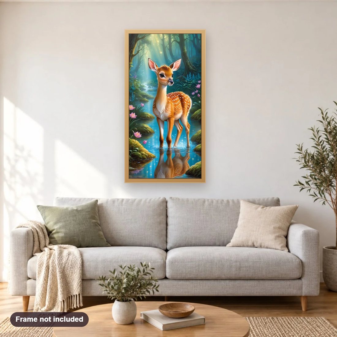 A Tranquil Deer in the Forest diamond painting shown framed on a living room wall above a sofa