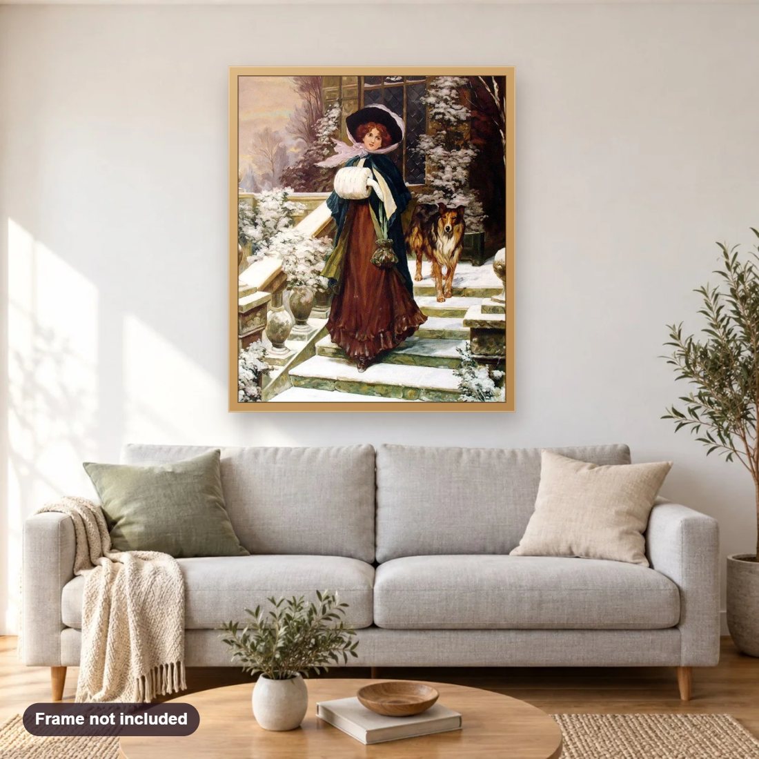 A Winter Rose by Sydney Kendrick diamond painting shown framed on a living room wall above a sofa