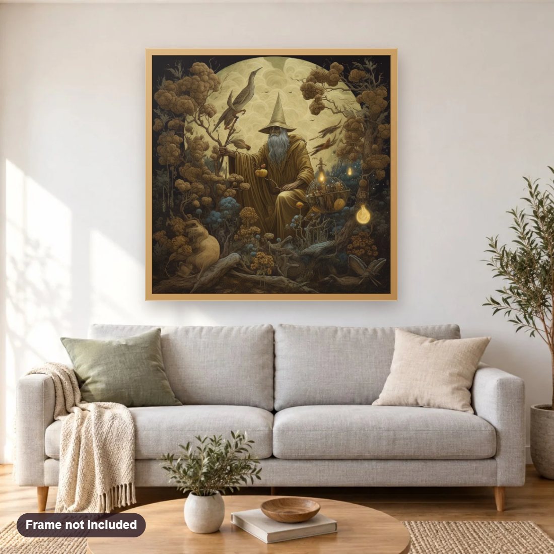 A Wise Figure diamond painting shown framed on a living room wall above a sofa