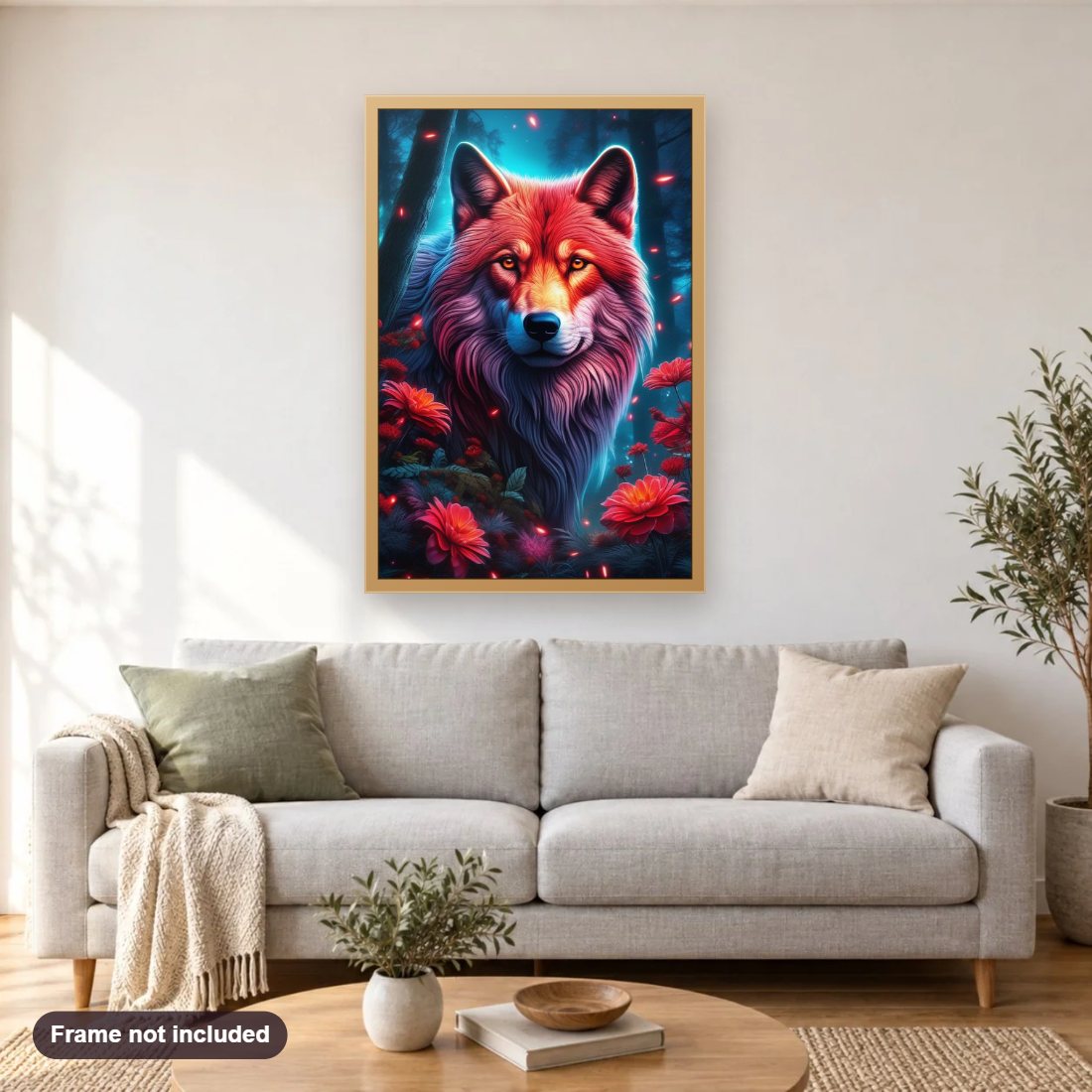 A Wolf's Vigilance Amidst Nature_s Colors diamond painting shown framed on a living room wall above a sofa