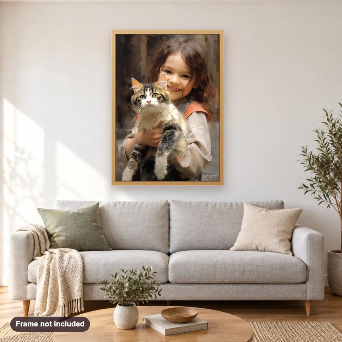 A World of Love in One Little Hug diamond painting shown framed on a living room wall above a sofa