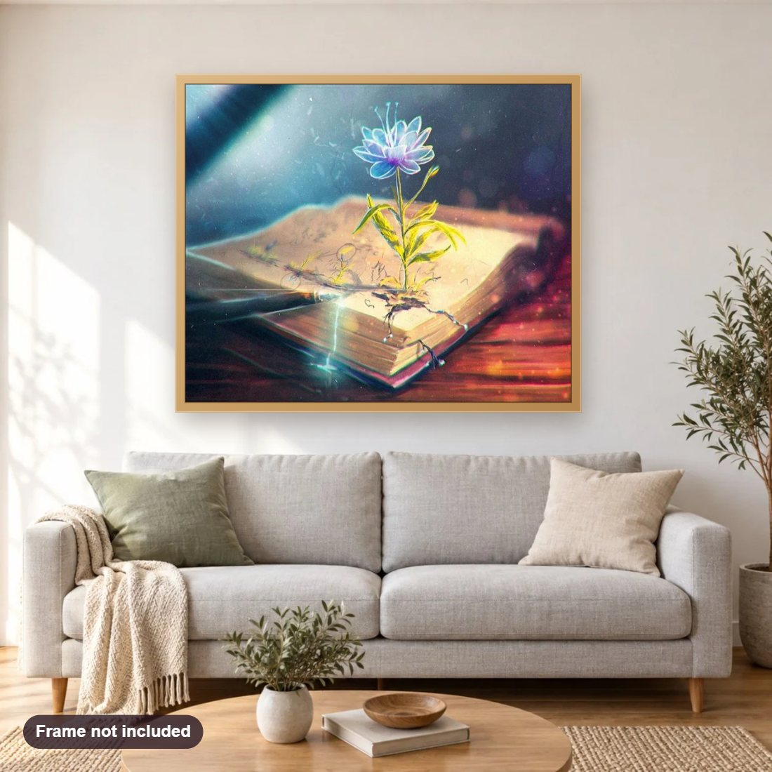Abstract Book diamond painting shown framed on a living room wall above a sofa