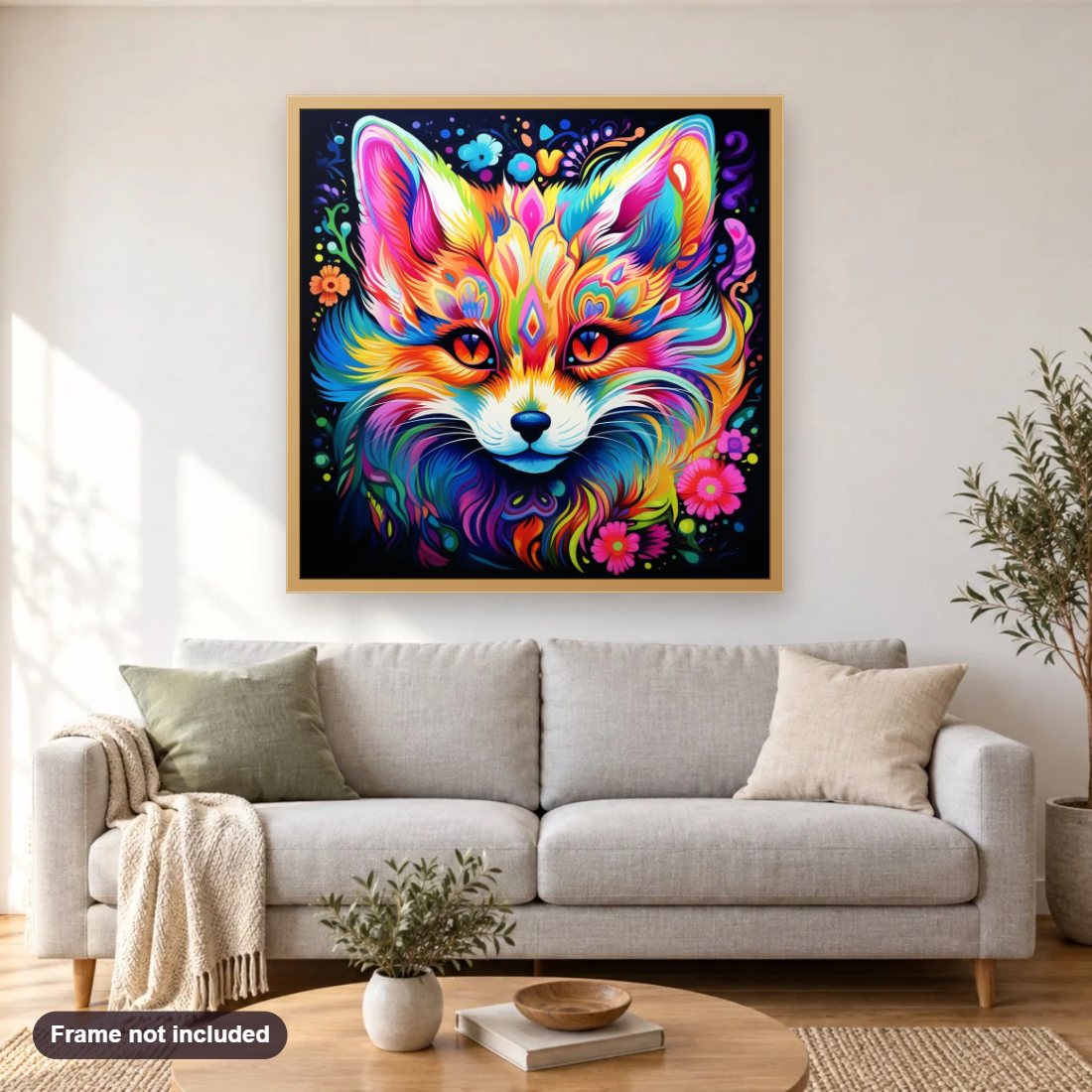 Abstract Fox diamond painting shown framed on a living room wall above a sofa