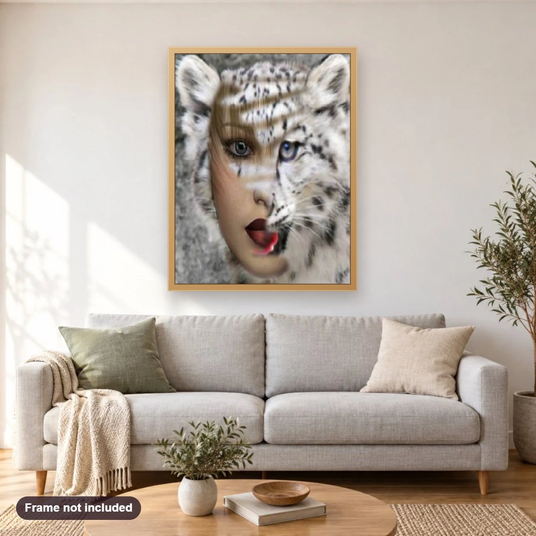 Abstract Girl Face diamond painting shown framed on a living room wall above a sofa