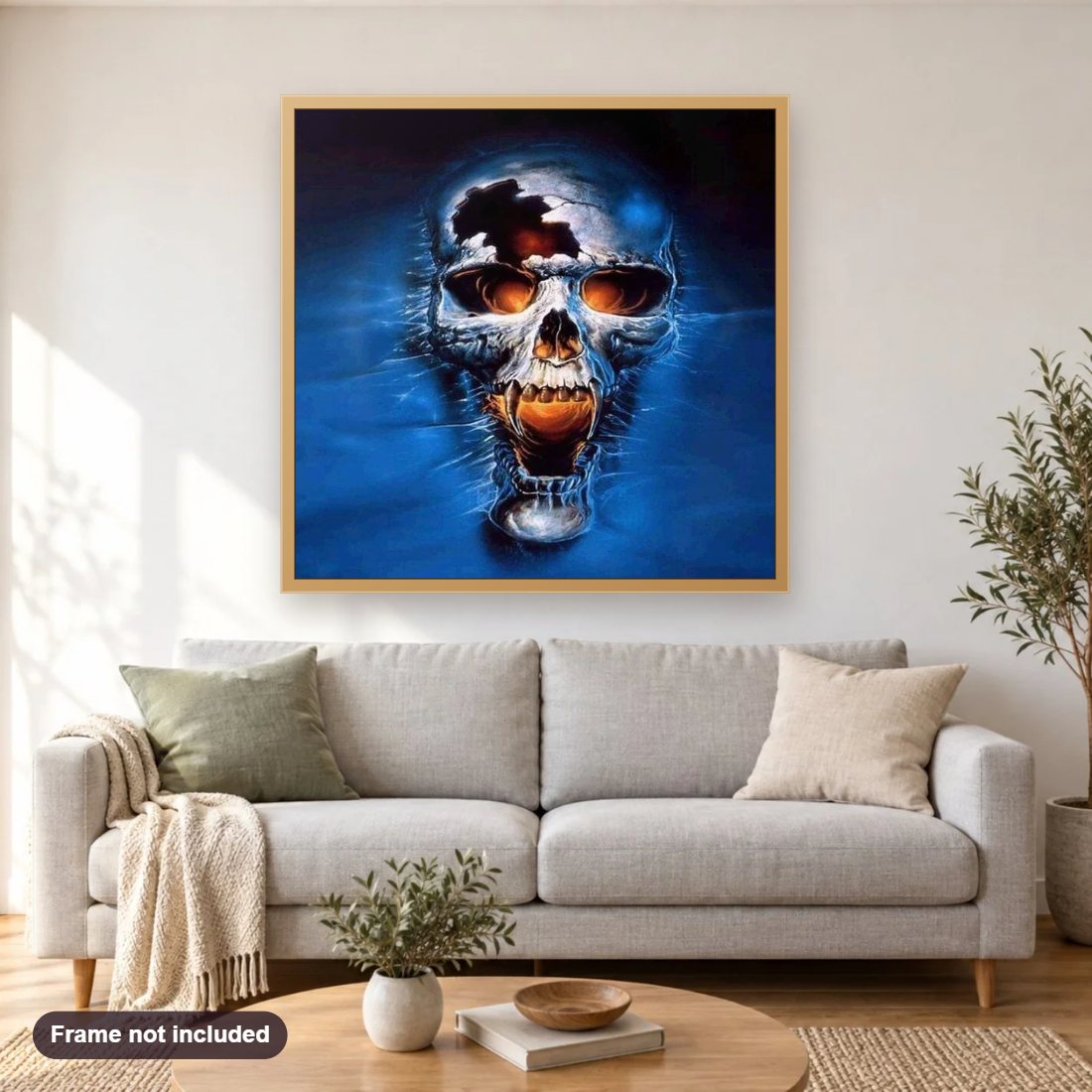 Abstract Skull Art diamond painting shown framed on a living room wall above a sofa