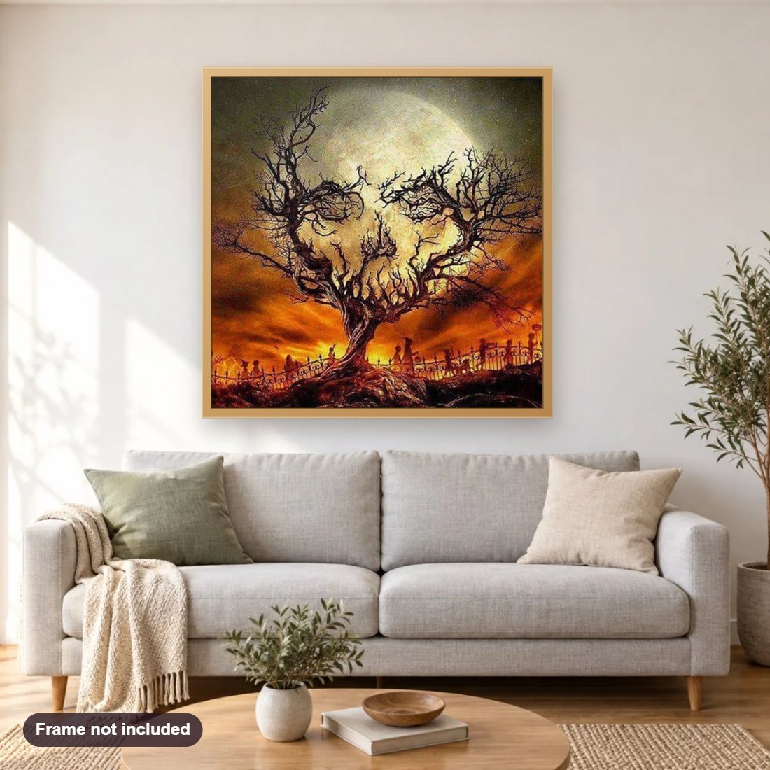 Abstract Skull Tree diamond painting shown framed on a living room wall above a sofa