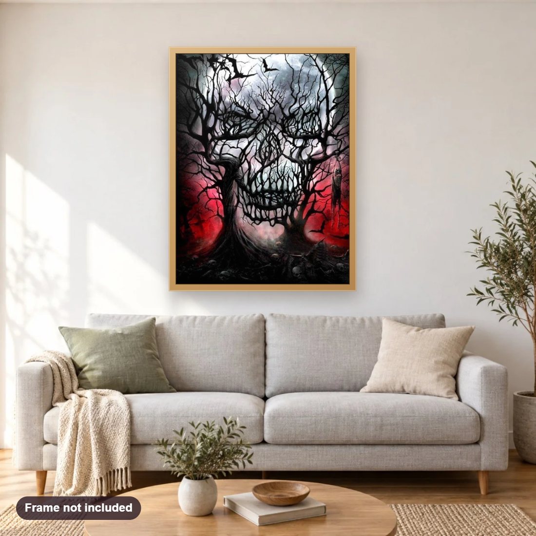 Abstract Skull Trees diamond painting shown framed on a living room wall above a sofa