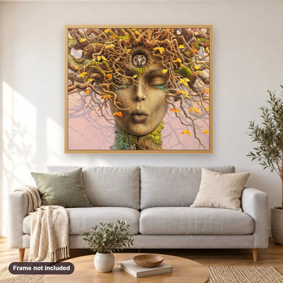 Abstract Tree Face diamond painting shown framed on a living room wall above a sofa
