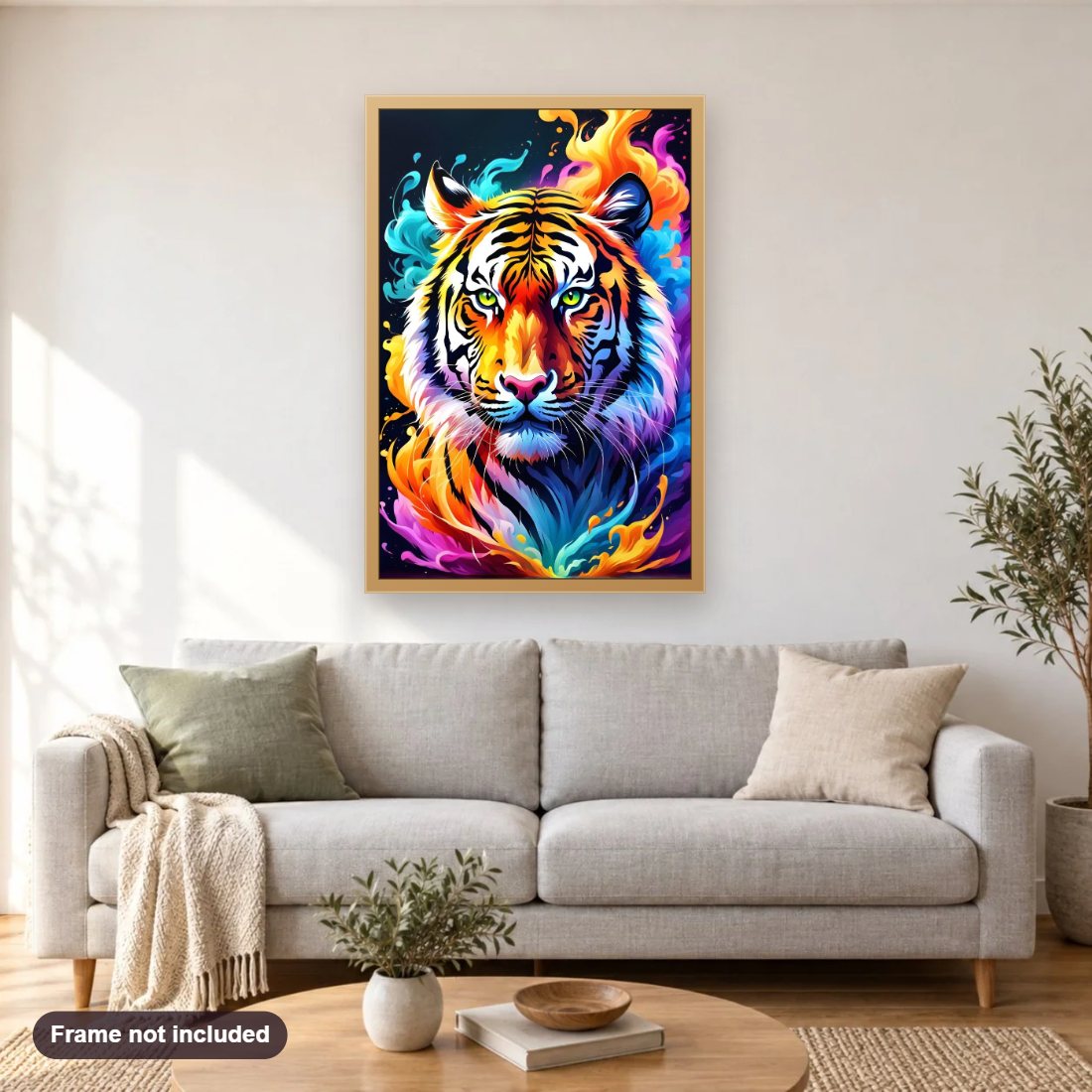 Admirable Tiger diamond painting shown framed on a living room wall above a sofa