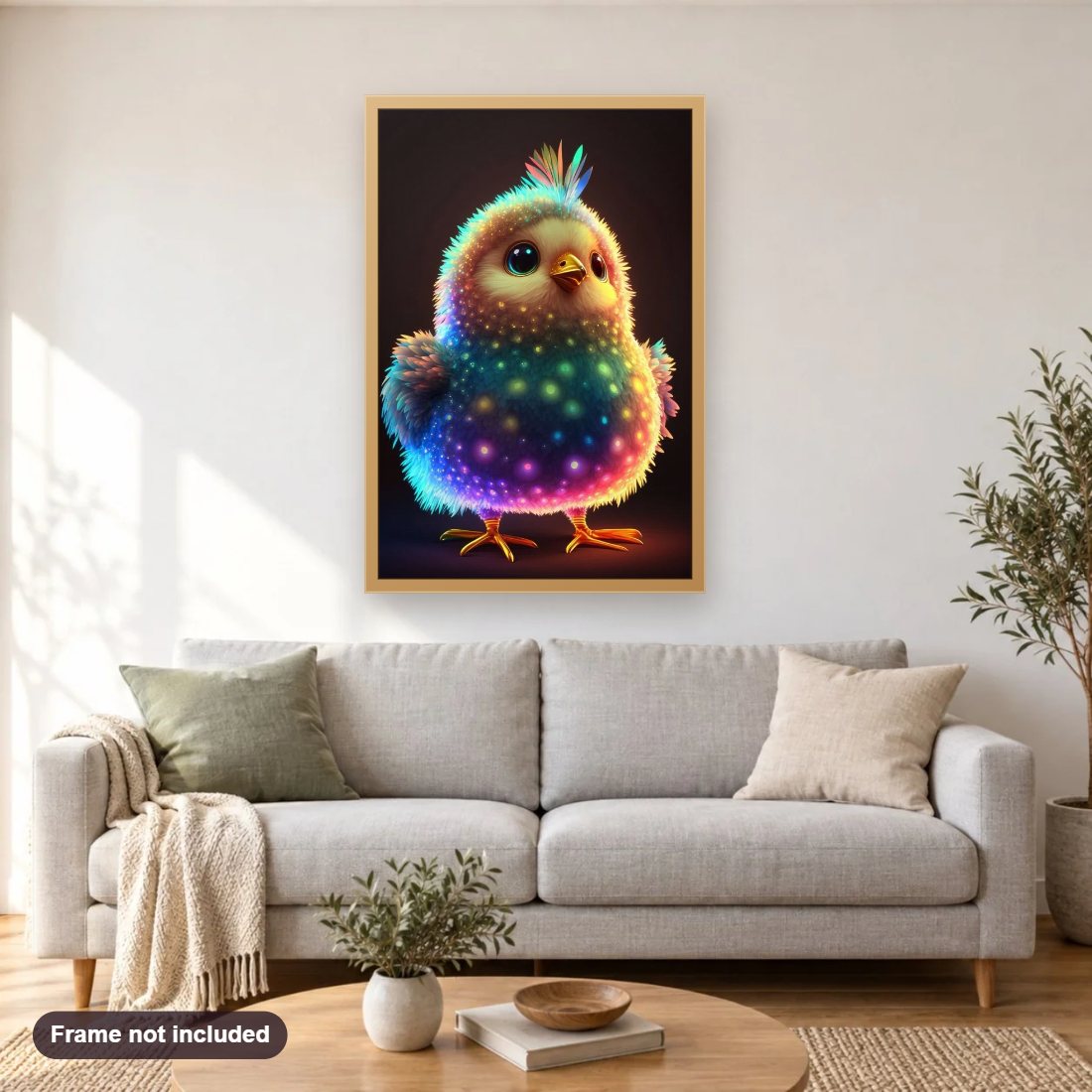 Adorable Baby Chicken Shining in the Dark diamond painting shown framed on a living room wall above a sofa