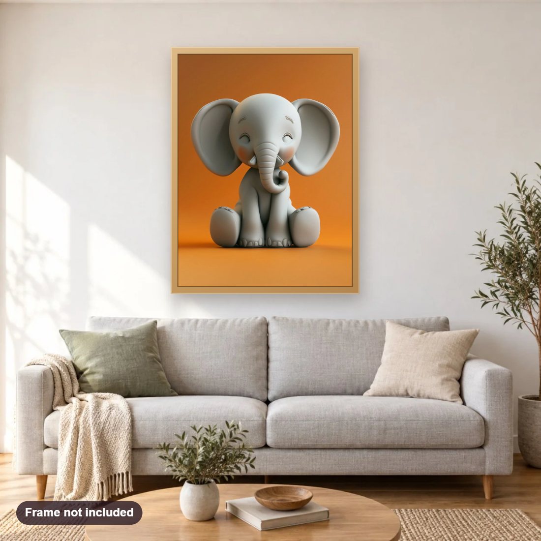 Adorable Baby Elephant diamond painting shown framed on a living room wall above a sofa