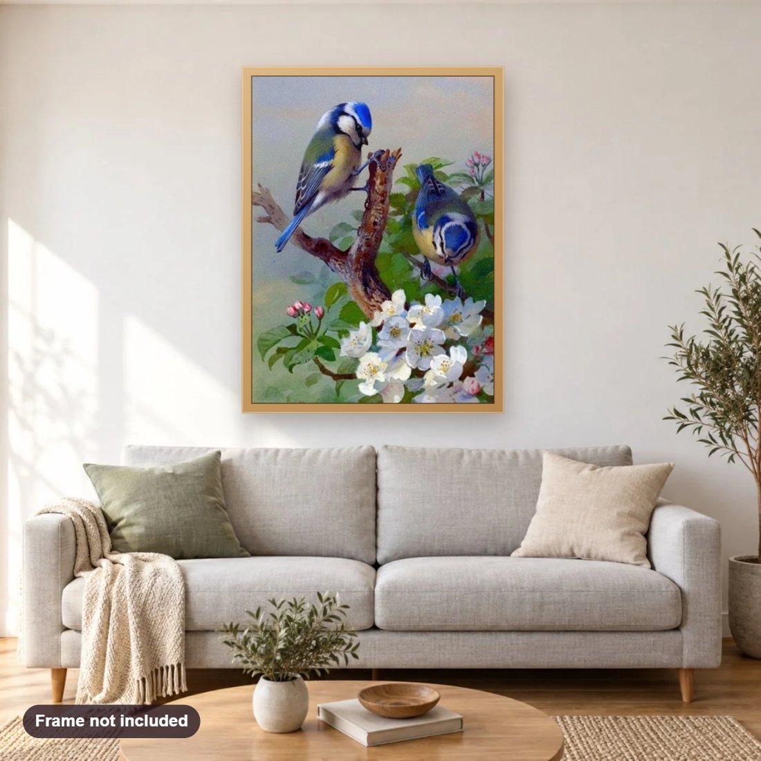 Adorable Birds Pair diamond painting shown framed on a living room wall above a sofa