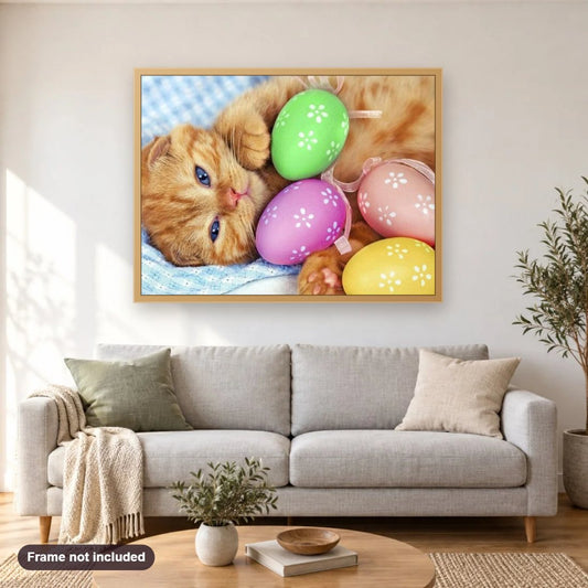 Adorable Cat with Easter Eggs diamond painting shown framed on a living room wall above a sofa