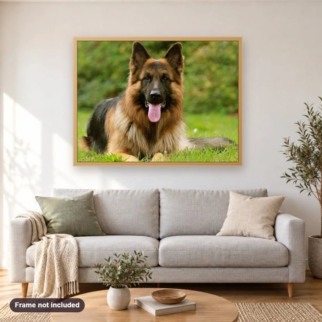 Adorable German Shepherd diamond painting shown framed on a living room wall above a sofa