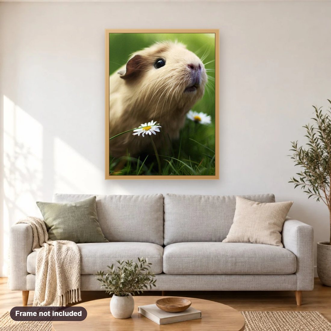 Adorable Guinea Pig diamond painting shown framed on a living room wall above a sofa