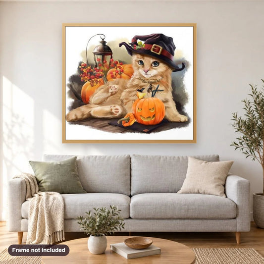 Adorable Halloween Cat diamond painting shown framed on a living room wall above a sofa