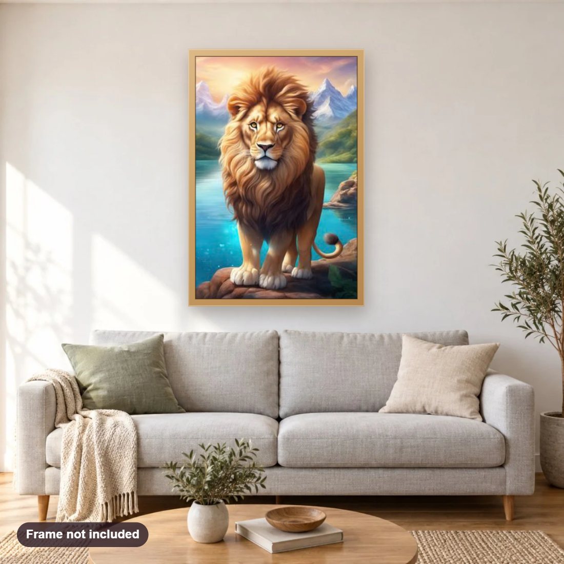 Adorable Lion diamond painting shown framed on a living room wall above a sofa