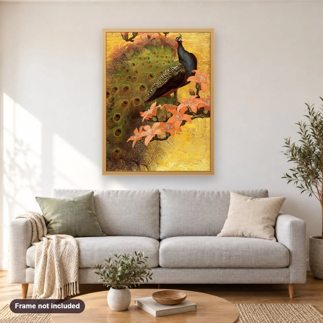 Adorable Peacock diamond painting shown framed on a living room wall above a sofa
