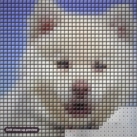 Close-up preview of the Adorable Puppy on the Beach diamond painting with square 5D drills and printed canvas symbols
