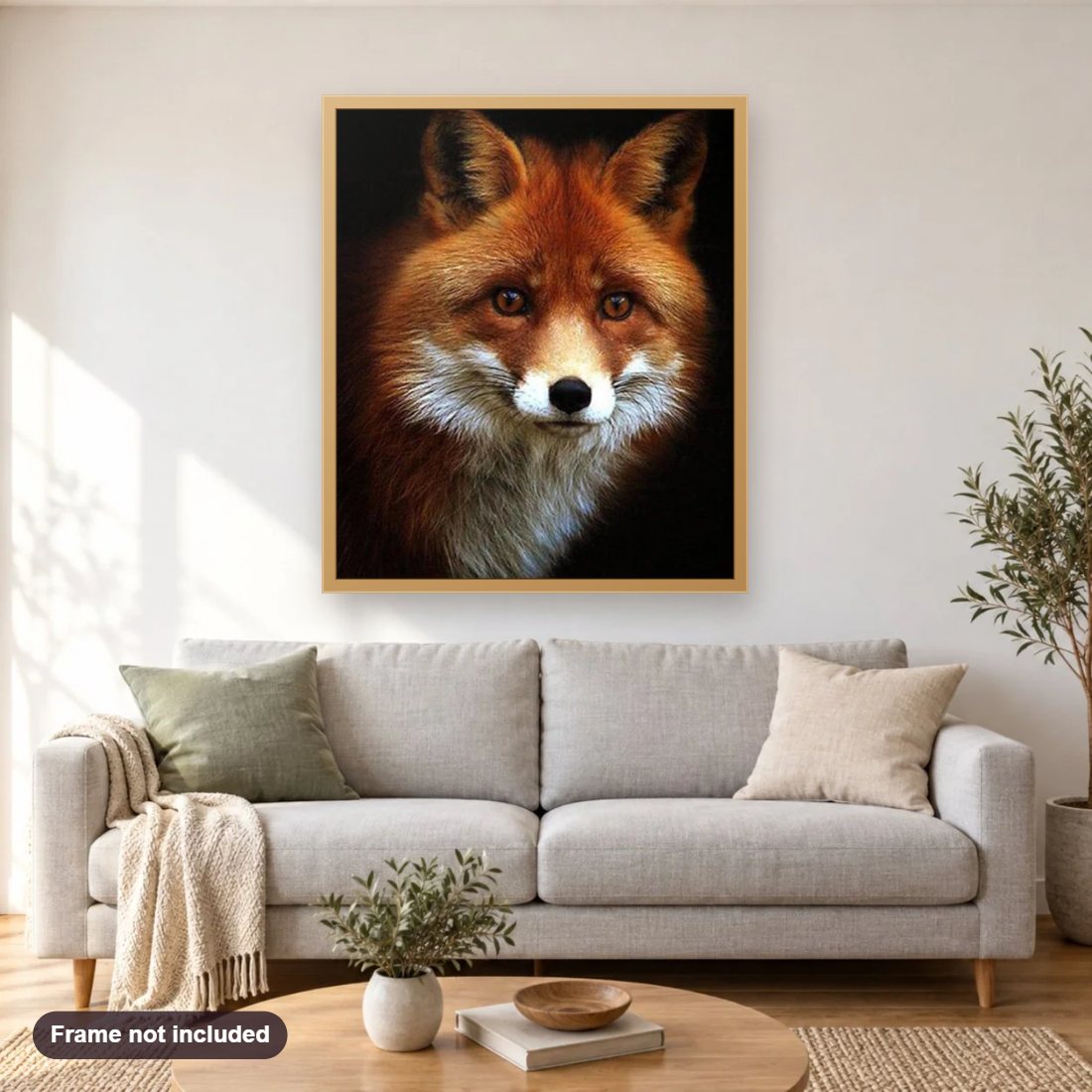Adorable Red Fox diamond painting shown framed on a living room wall above a sofa