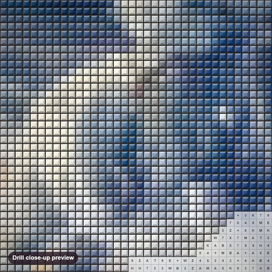 Close-up preview of the Adorable Snow Wolf diamond painting with square 5D drills and printed canvas symbols