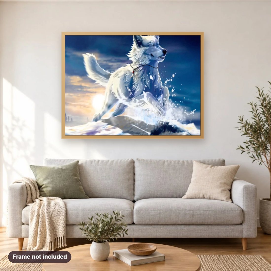 Adorable Snow Wolf diamond painting shown framed on a living room wall above a sofa