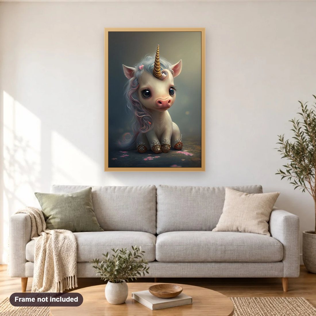 Adorable Unicorn diamond painting shown framed on a living room wall above a sofa