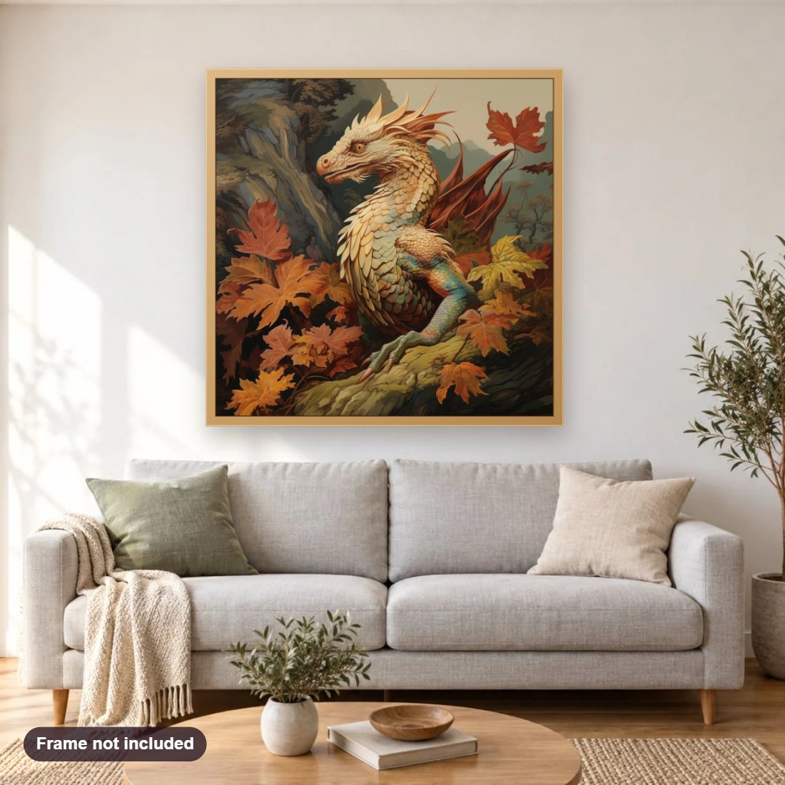 Adventures in Mythical Lands diamond painting shown framed on a living room wall above a sofa