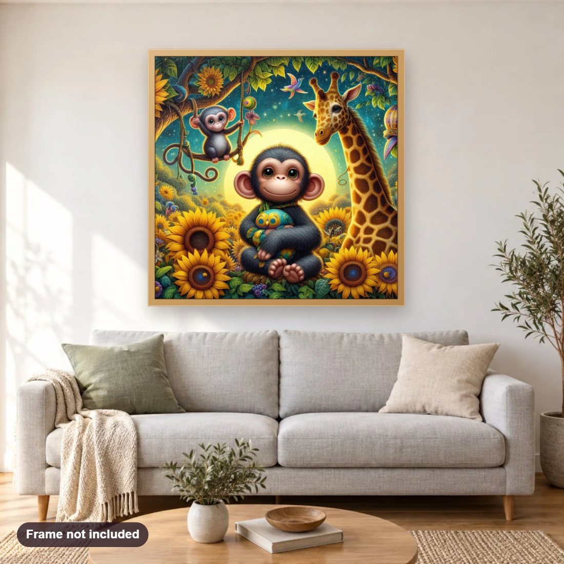 Adventures in the Wild diamond painting shown framed on a living room wall above a sofa