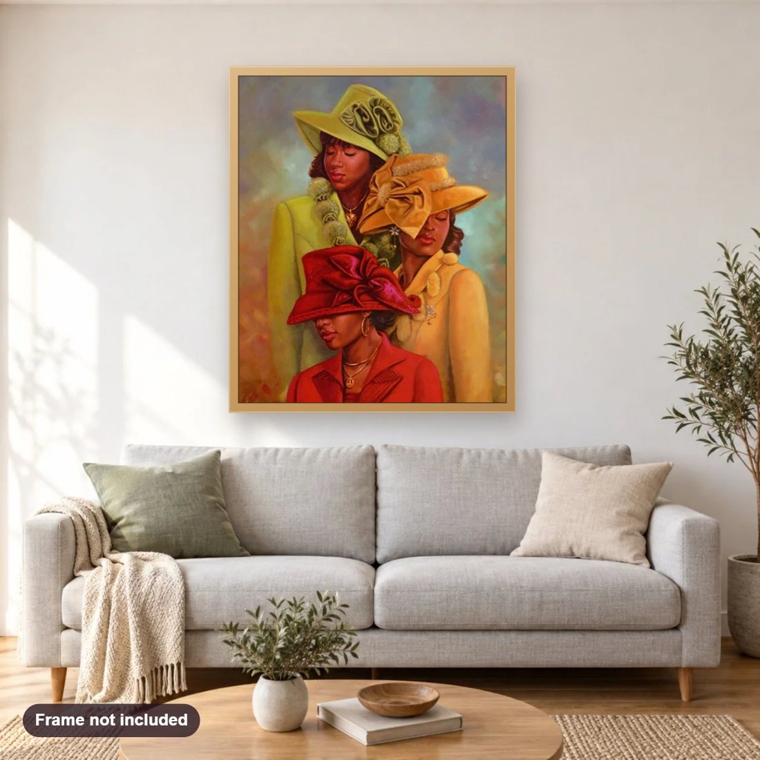 African American Church Hats diamond painting shown framed on a living room wall above a sofa