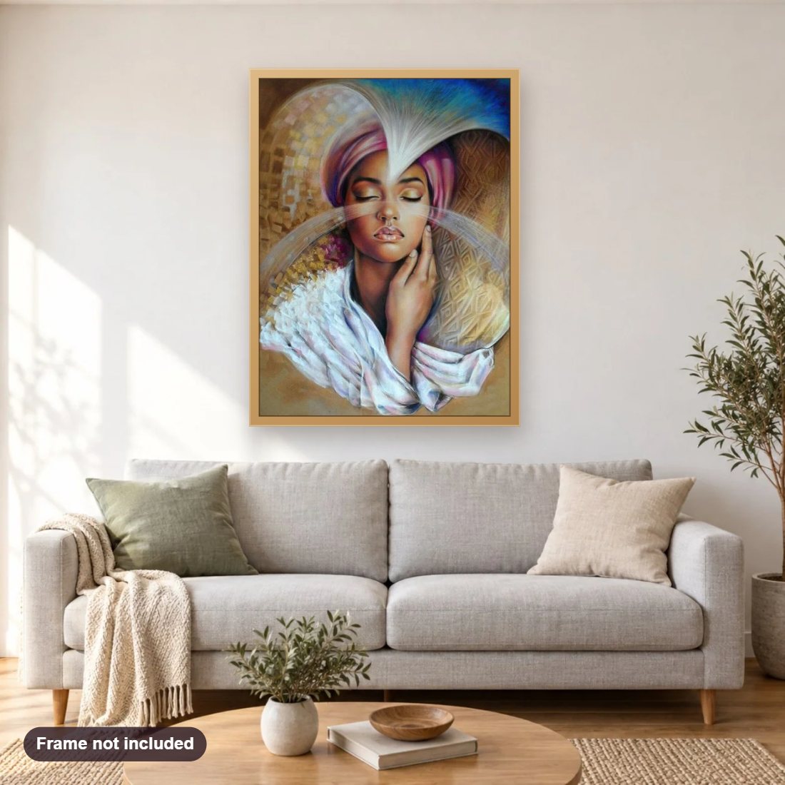 African Beauty by Emilia Wilk diamond painting shown framed on a living room wall above a sofa