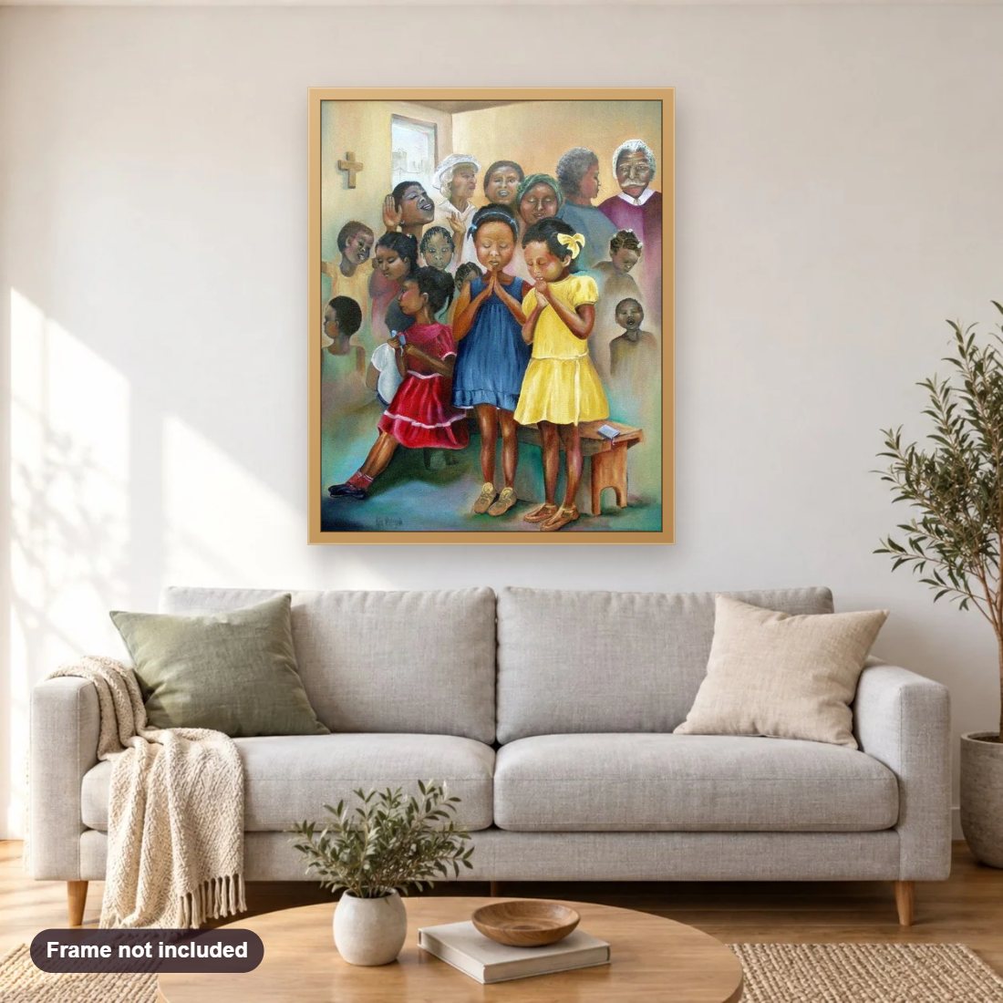African Children Praying in Church diamond painting shown framed on a living room wall above a sofa