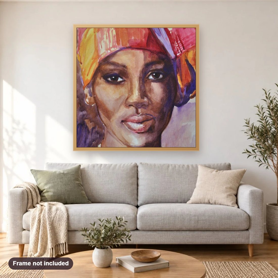 African Lady diamond painting shown framed on a living room wall above a sofa
