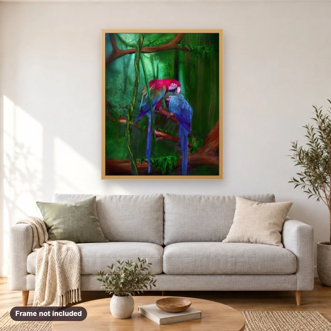 African Parrots in Thick Forest diamond painting shown framed on a living room wall above a sofa
