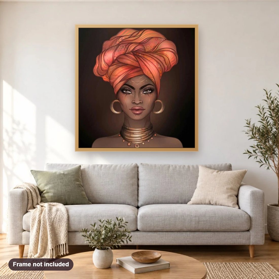 African Woman with Head Wrap diamond painting shown framed on a living room wall above a sofa
