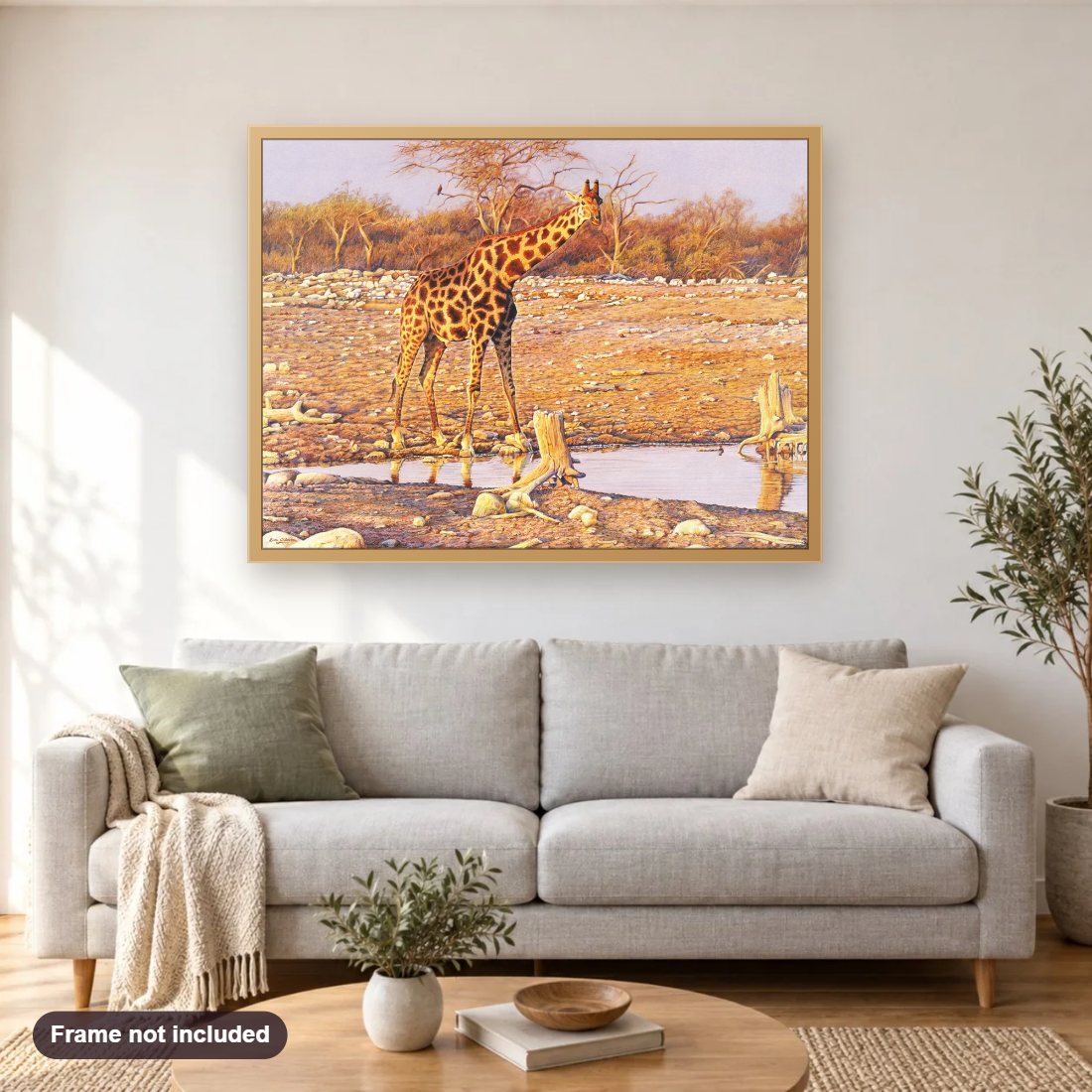 Afternoon's Glow diamond painting shown framed on a living room wall above a sofa