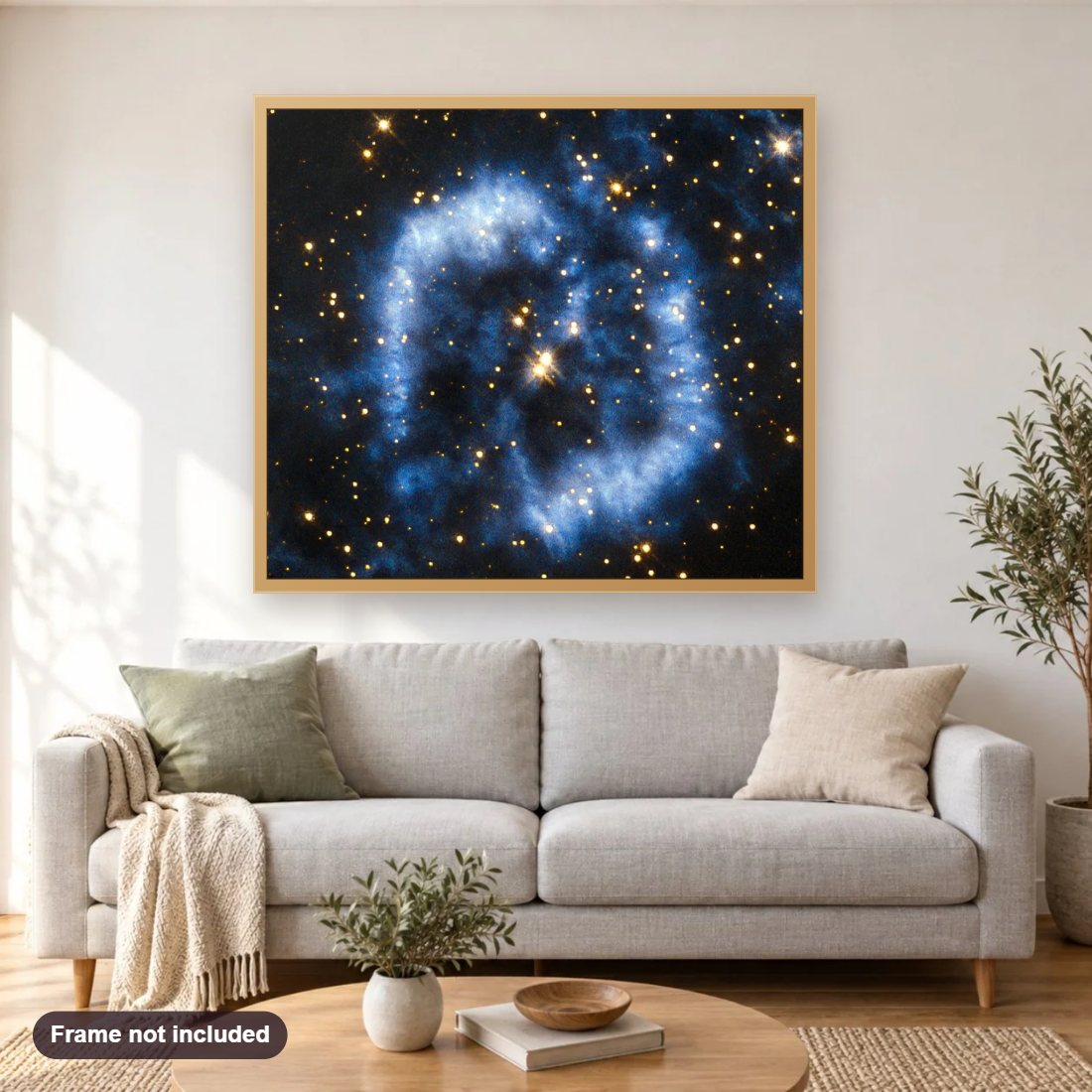 Aging Star Wave Goodbye diamond painting shown framed on a living room wall above a sofa