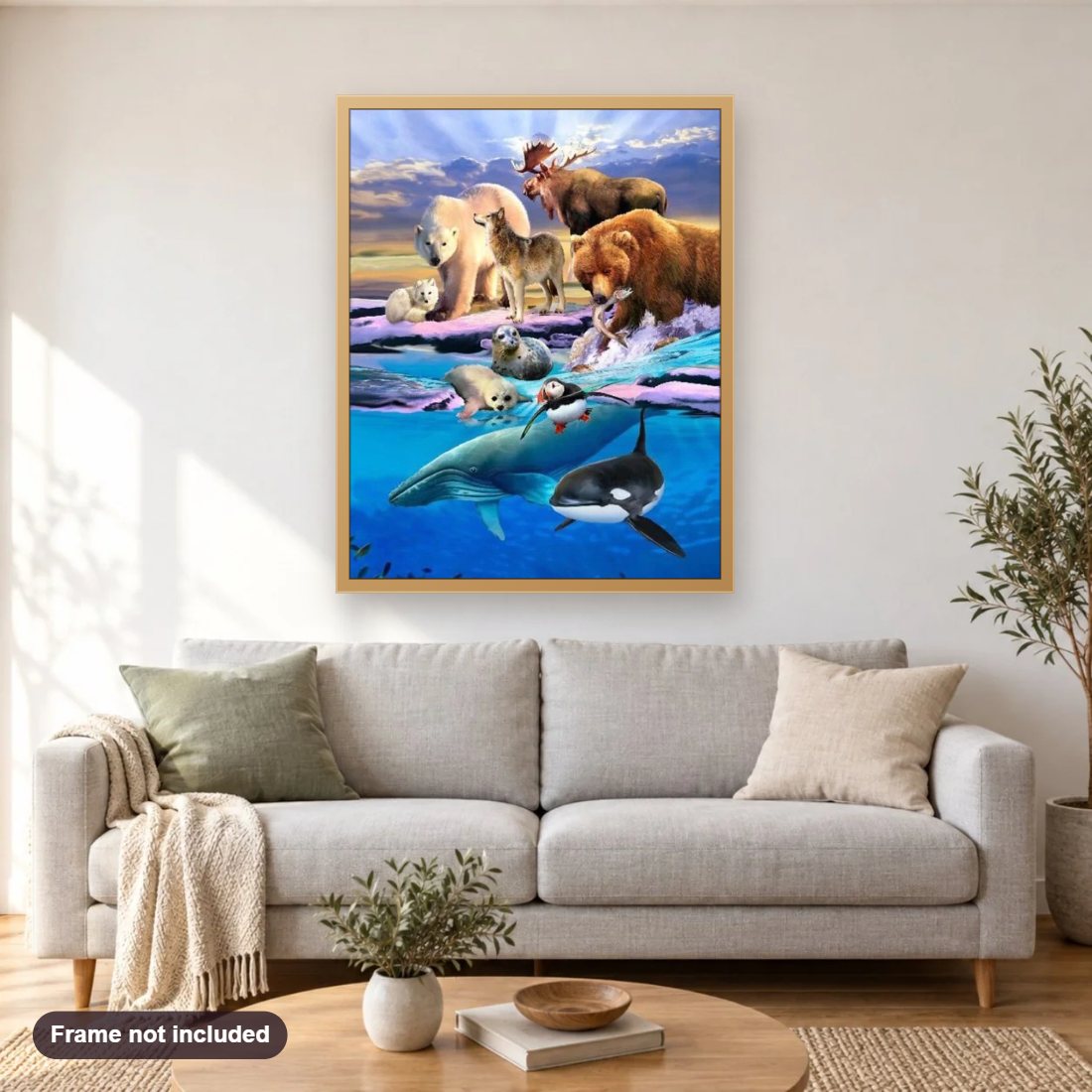 Alaska Animals diamond painting shown framed on a living room wall above a sofa