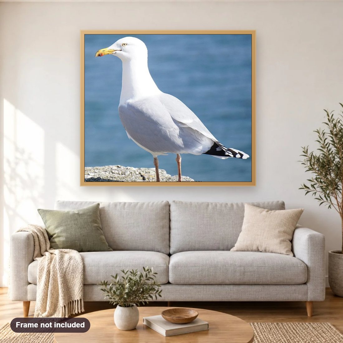 Albatross diamond painting shown framed on a living room wall above a sofa