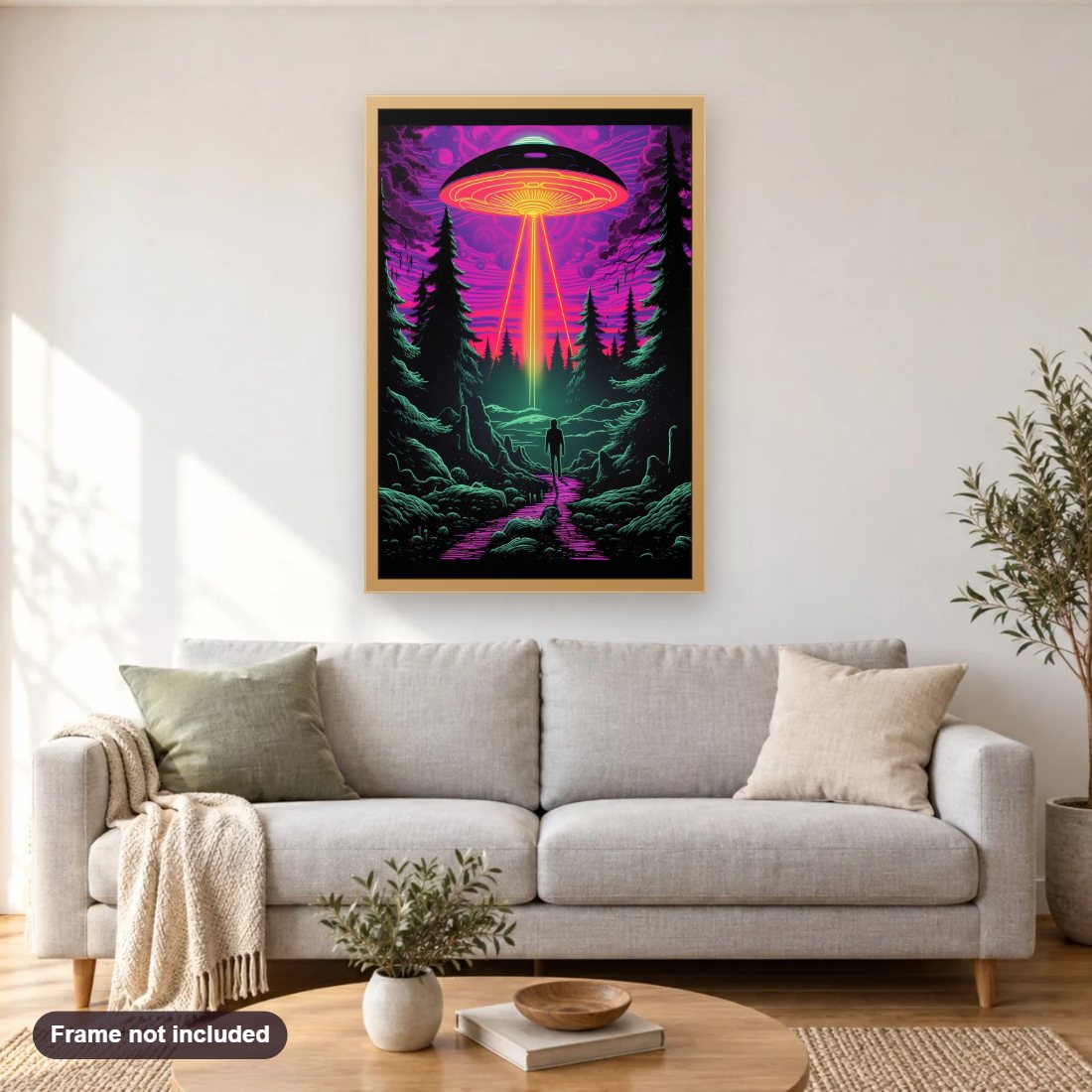 Alien Invasion diamond painting shown framed on a living room wall above a sofa