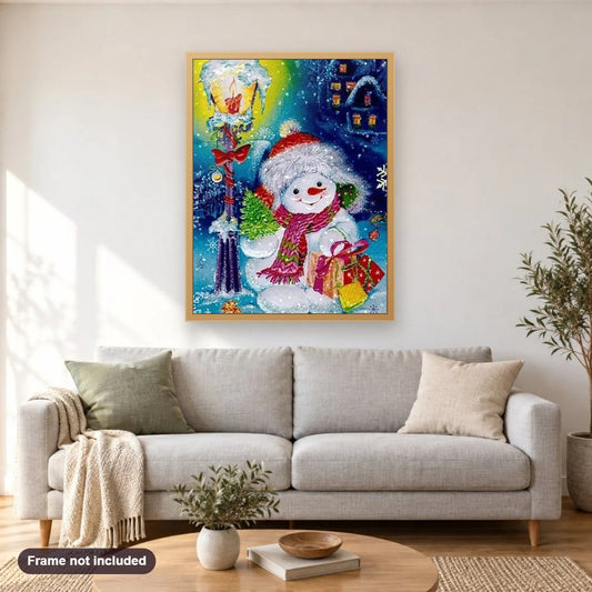 All I Want For Christmas diamond painting shown framed on a living room wall above a sofa