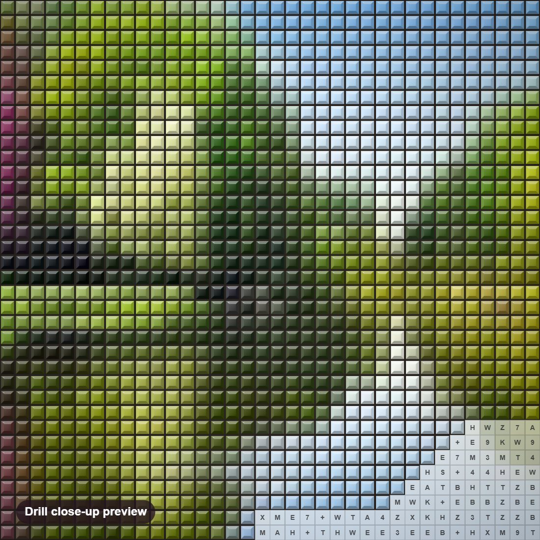 Close-up preview of the All Seasons Lake diamond painting with square 5D drills and printed canvas symbols