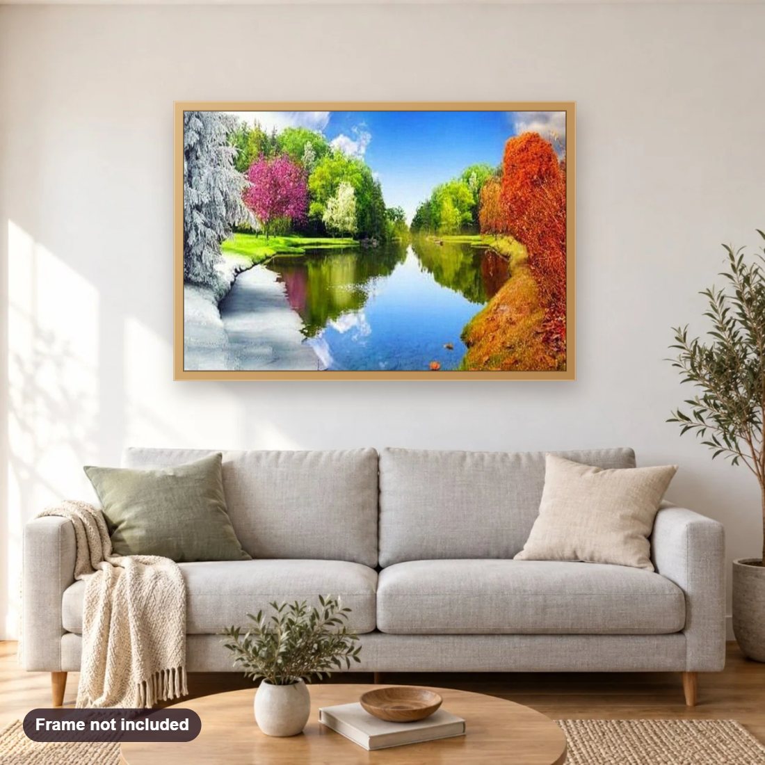 All Seasons Lake diamond painting shown framed on a living room wall above a sofa